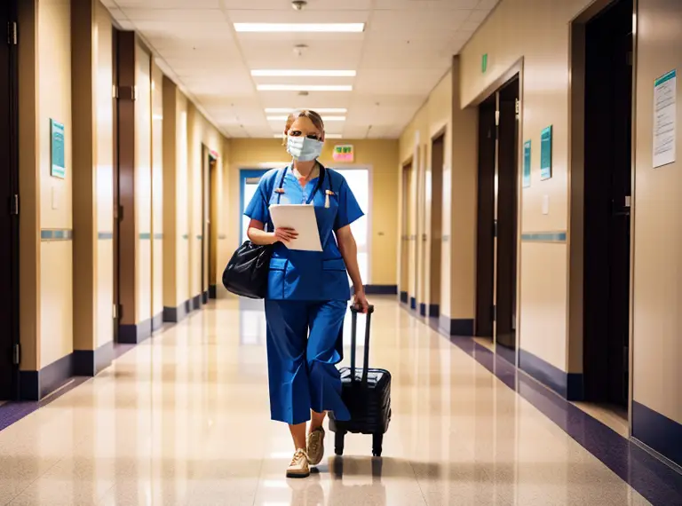 A travel nurse wearing a mask walks down a hallway.