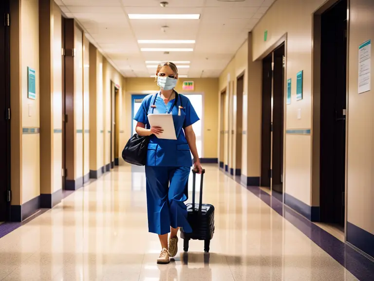 A travel nurse wearing a mask walks down a hallway.