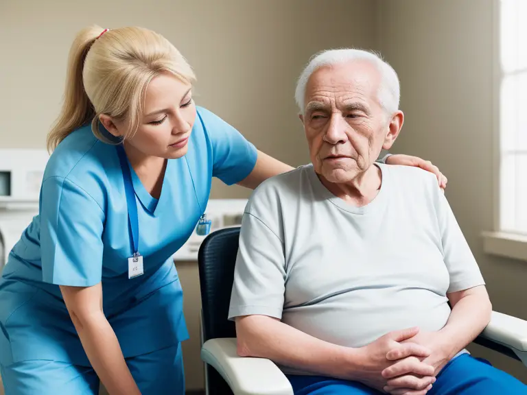 A nurse is discussing the meaning of the term "continent" with an elderly man in a wheelchair.