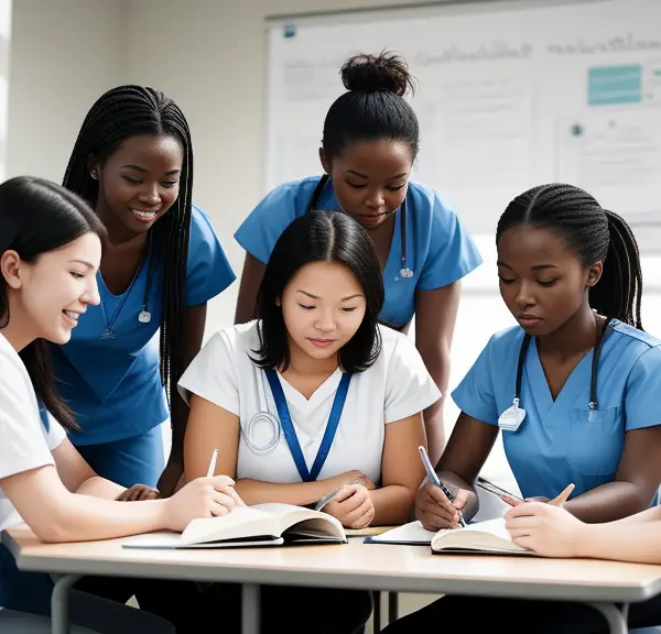 A group of nursing student sitting around a table discussing nursing prerequisites.