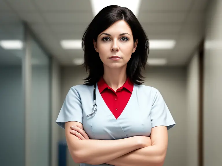 A nurse standing in a hallway with her arms crossed.