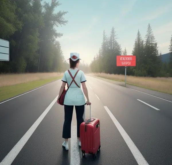 A woman is walking down a road with a red suitcase.