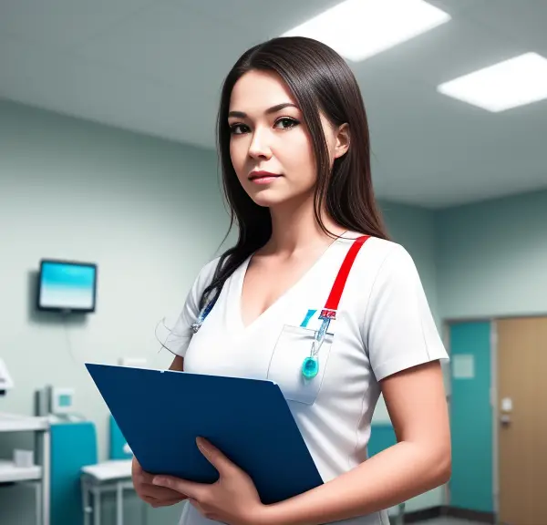A female nurse standing in a hospital room holding a clipboard.