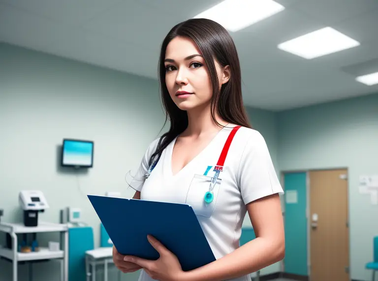 A female nurse standing in a hospital room holding a clipboard.