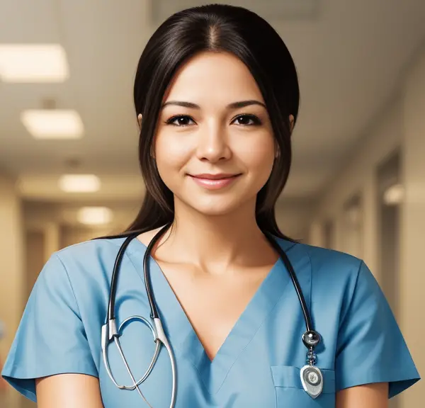 A nurse is standing in a hospital hallway.