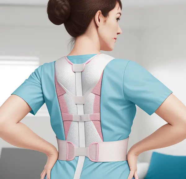 A woman with a herniated disc wearing a back brace in a room.
