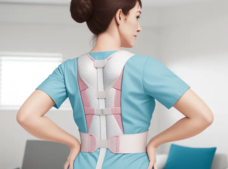 A woman with a herniated disc wearing a back brace in a room.
