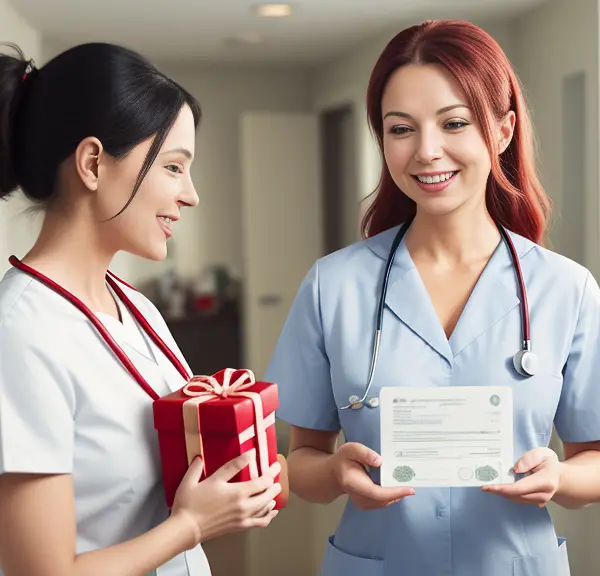Nurses holding a gift certificate in front of a Christmas tree.