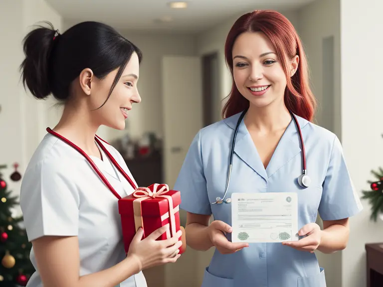 Nurses holding a gift certificate in front of a Christmas tree.