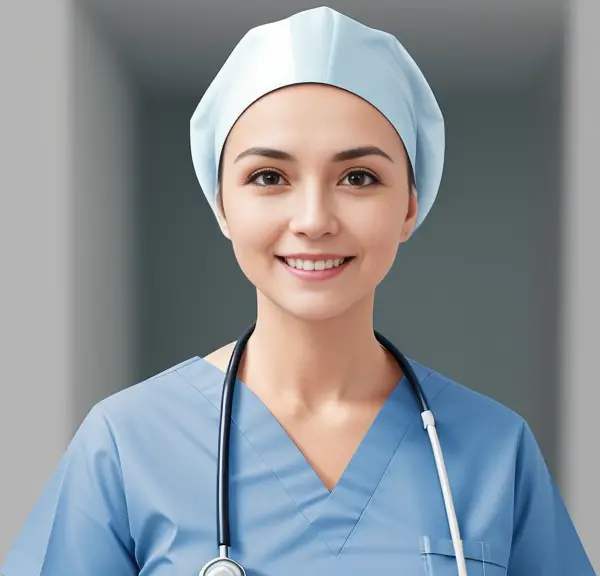 A female nurse wearing a scrub cap and stethoscope.