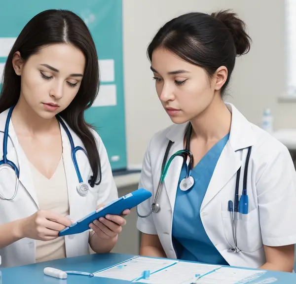 Two female nursing student using a tablet to discuss drug testing in nursing school.