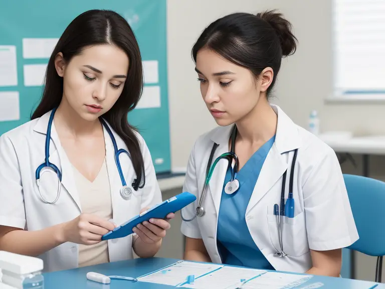 Two female nursing student using a tablet to discuss drug testing in nursing school.