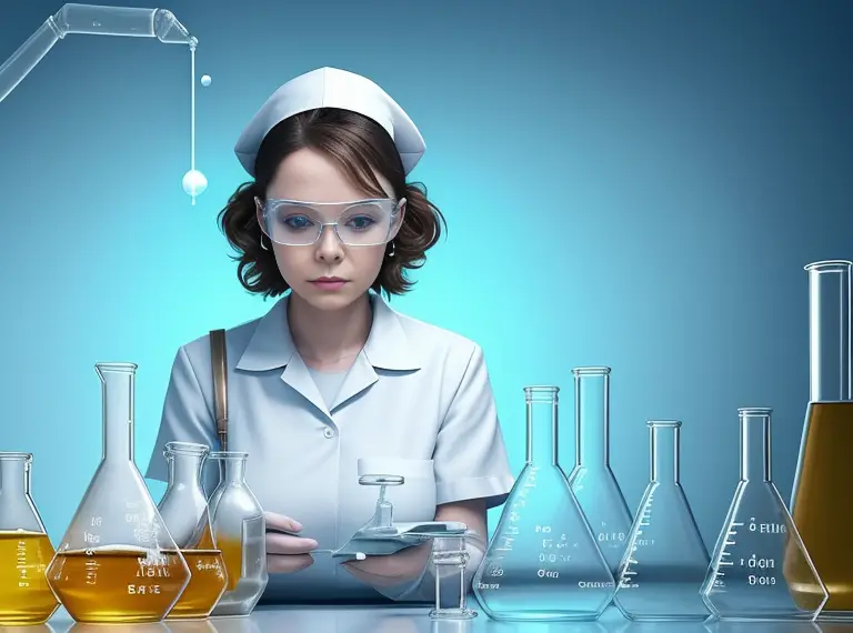 A woman in a lab coat and glasses is looking at a beaker.