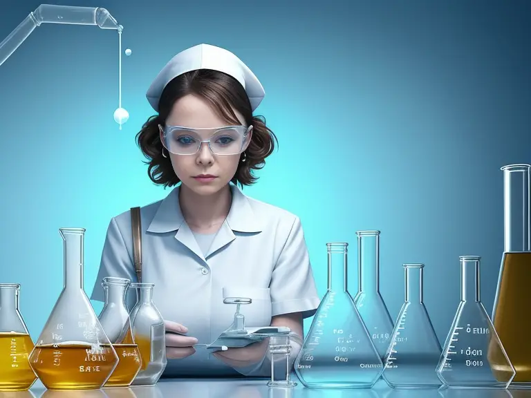 A woman in a lab coat and glasses is looking at a beaker.