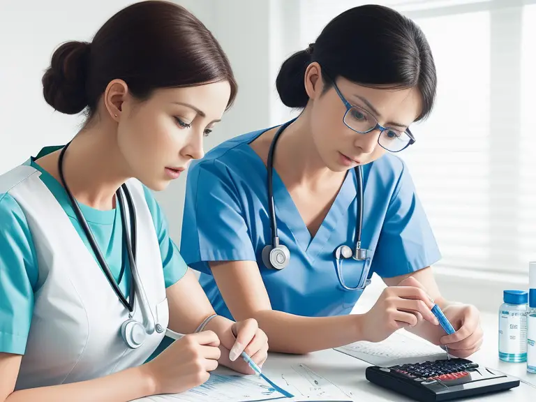 Two nurses using a calculator to apply math in their work.