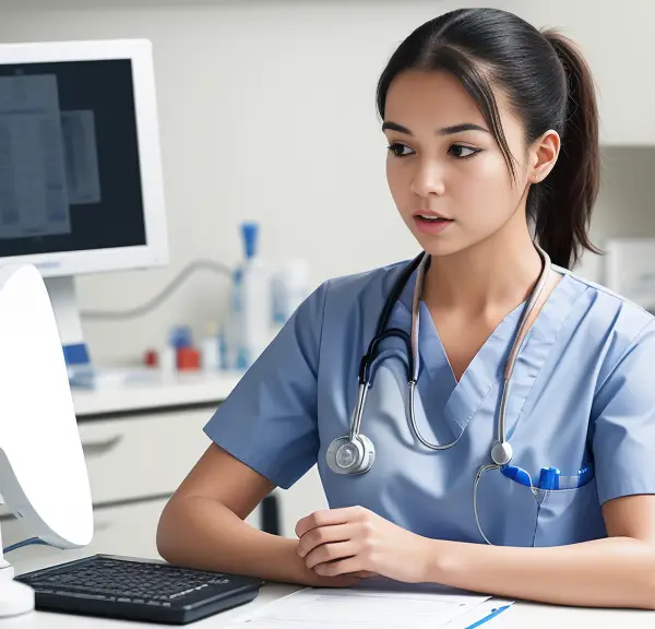 A female nurse sitting at a desk with a stethoscope and discussing clinical hours for nursing school.