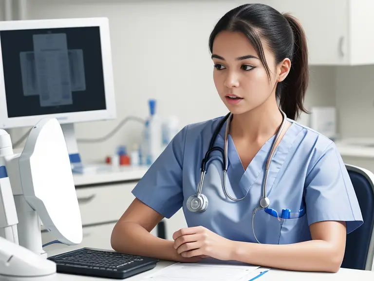 A female nurse sitting at a desk with a stethoscope and discussing clinical hours for nursing school.