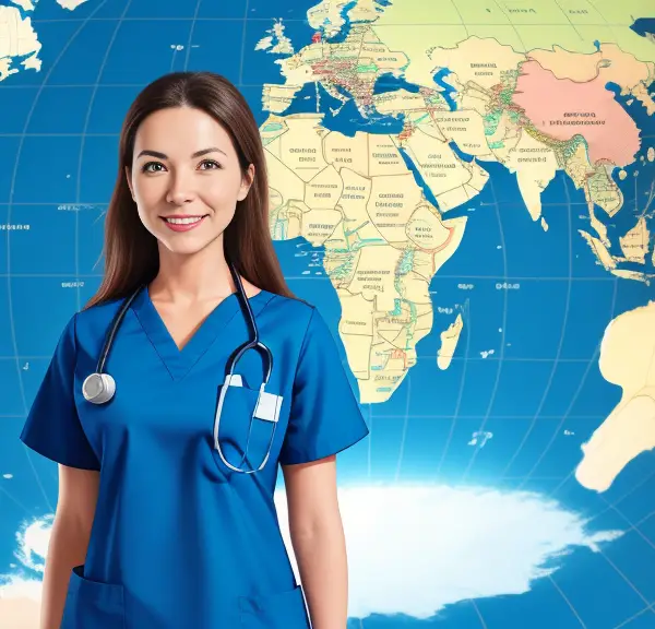 A nurse standing in front of a world map explaining travel nursing distances.
