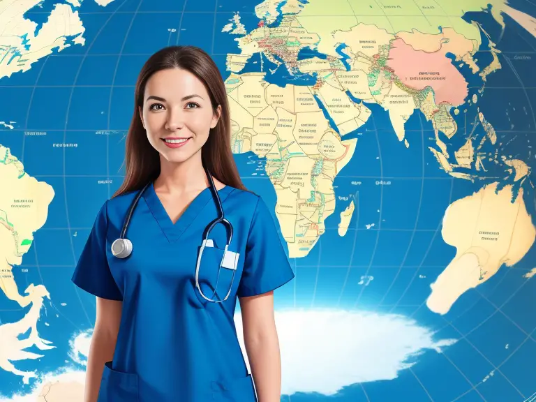 A nurse standing in front of a world map explaining travel nursing distances.