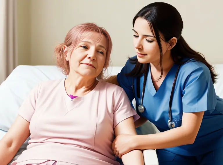 A nurse is talking to an elderly woman on a bed.