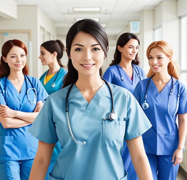 A group of nurses in a hallway.
