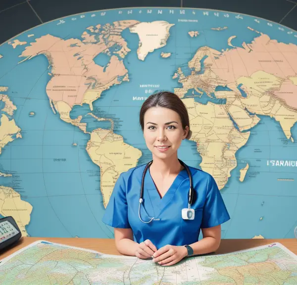 A nurse is sitting at a desk with a map in front of her, pondering the frequency of audits for travel nurses.