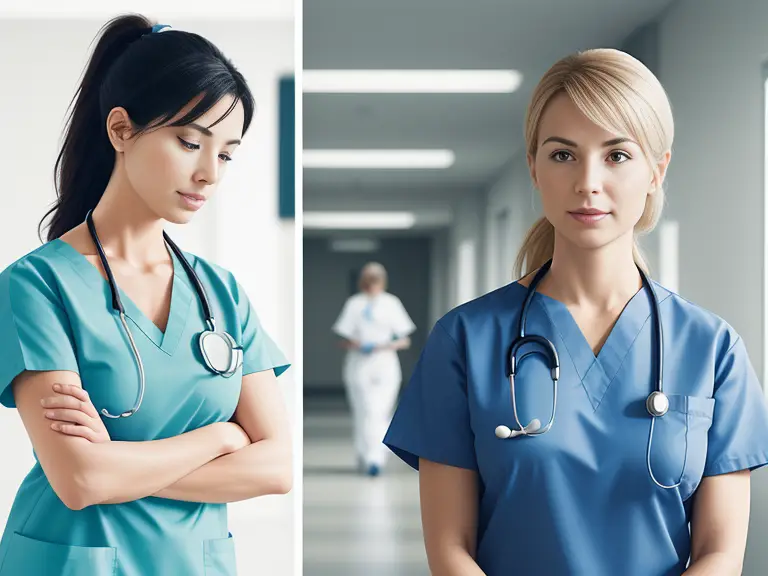 Two women in scrubs standing next to each other in a healthcare setting.