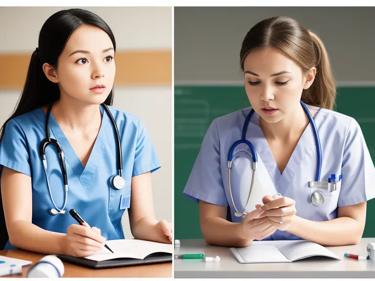 Comparing OTA school and nursing school difficulty levels based on two images of a female nurse with a stethoscope and notebook.