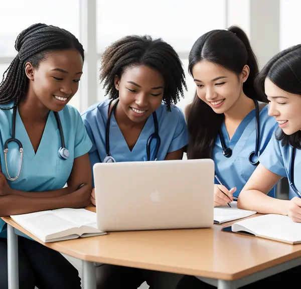 A group of pre-nursing students looking at a laptop.