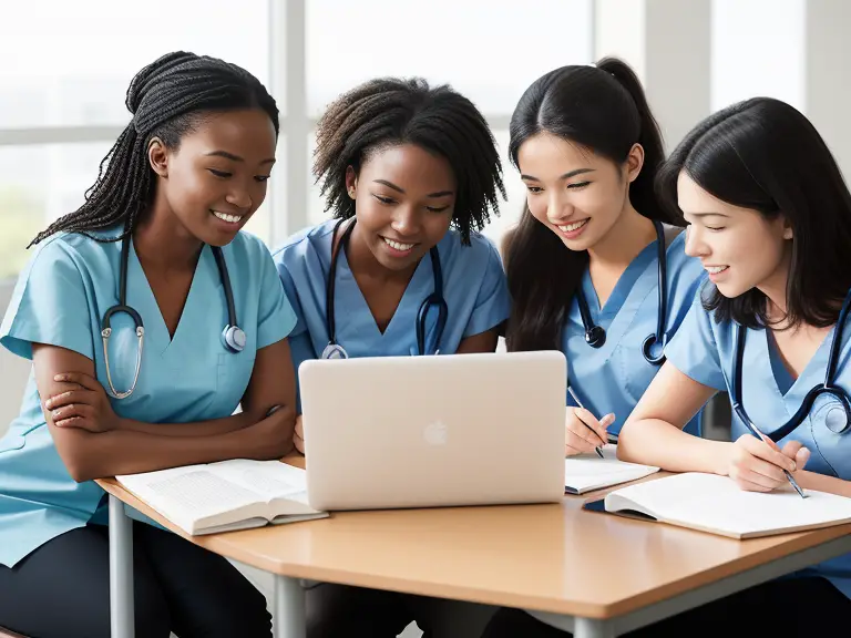 A group of pre-nursing students looking at a laptop.