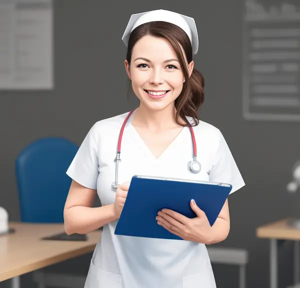 A female nurse holding a clipboard in an office.