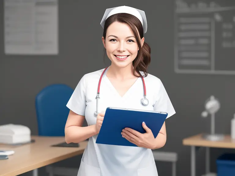 A female nurse holding a clipboard in an office.