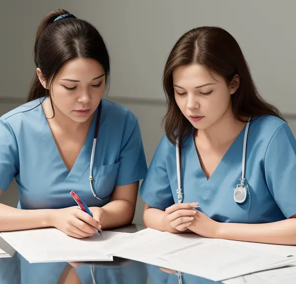 Two nurses in scrubs discussing the meaning of 'Sub Status Denied' on your nursing license.
