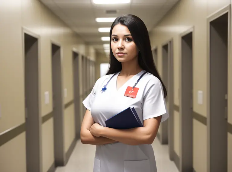 A nurse displaying a confident stance in a hallway.