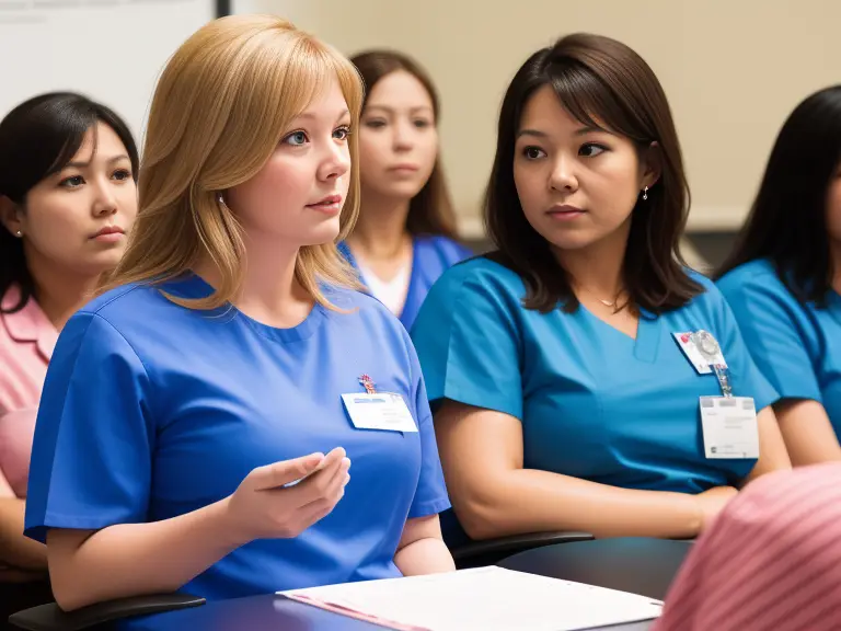 A group of women in blue scrubs attending nursing orientation.