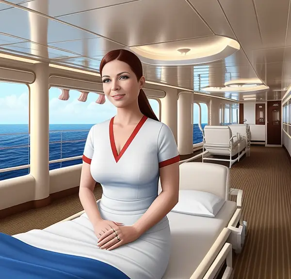 A woman is sitting in a bed on a cruise ship.