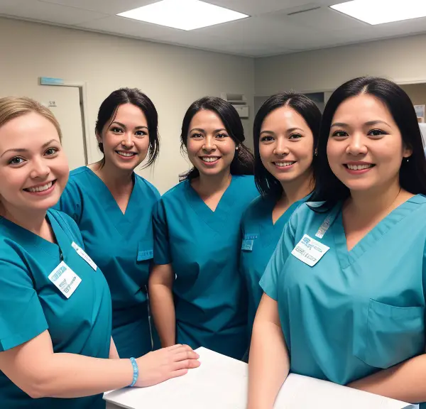 A group of women in blue scrubs celebrating Nephrology Nurses Week.