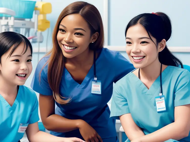 Smiling nurses on a bed.