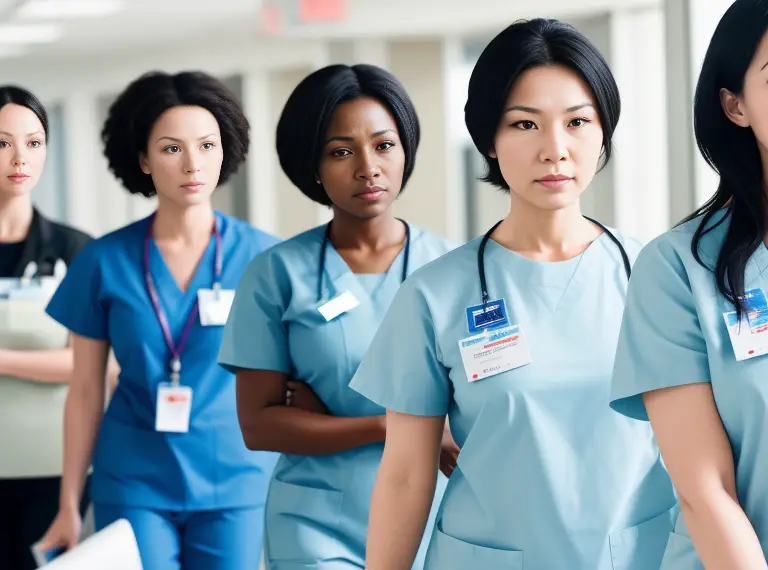 A group of female er nurses standing in a hallway.