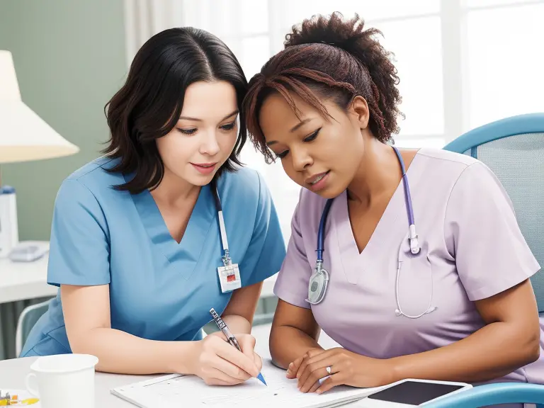 Two nurses collaborating on a piece of paper.