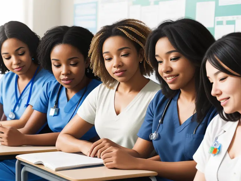 A group of female nurses at their desk discussing HESI requirements for nursing schools.