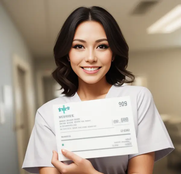 A nurse is holding up a check in an office, wondering how often nurses get paid.