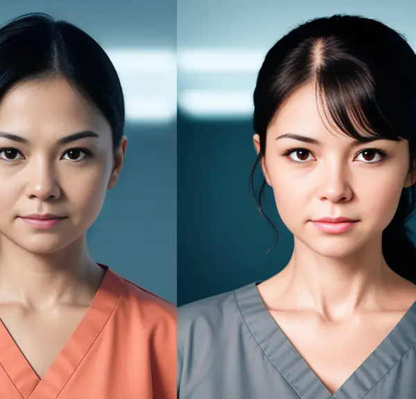 Two asian women in scrubs looking at the camera, one possibly a radiology tech and the other potentially a nurse.