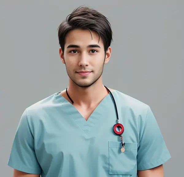A 30-year-old male nurse, wearing a scrub suit, confidently poses with a stethoscope.