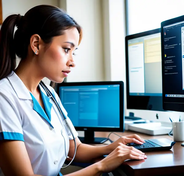 A female nurse is diligently working on a computer to ensure accurate results for the NCLEX exam.