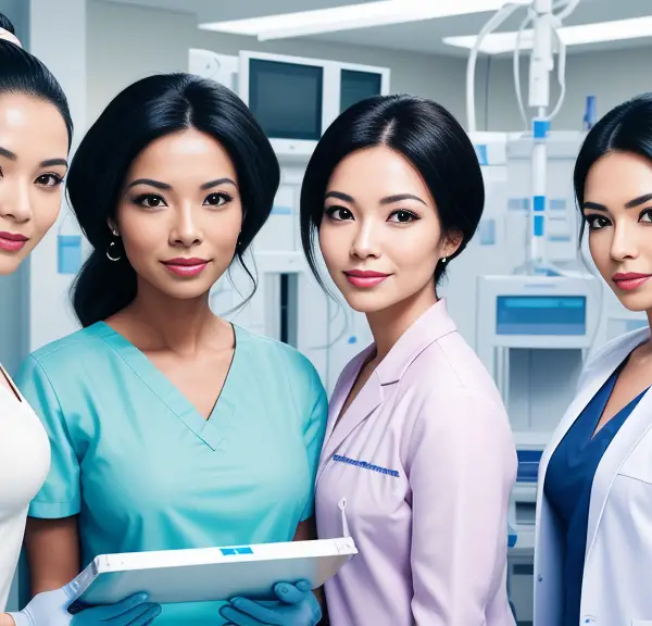 A group of asian nurses posing for a photo at work.