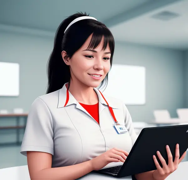 A female nurse utilizing a laptop in an office while exploring how online nursing programs work.