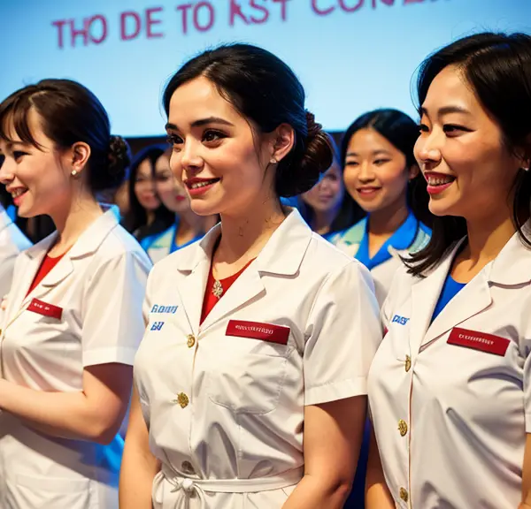 A group of nurses in white uniforms standing in front of a screen during a pinning ceremony.