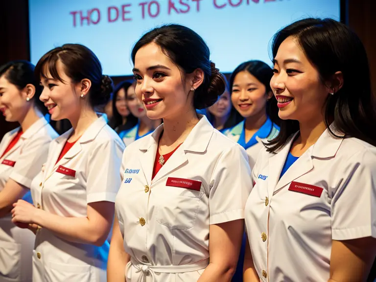 A group of nurses in white uniforms standing in front of a screen during a pinning ceremony.