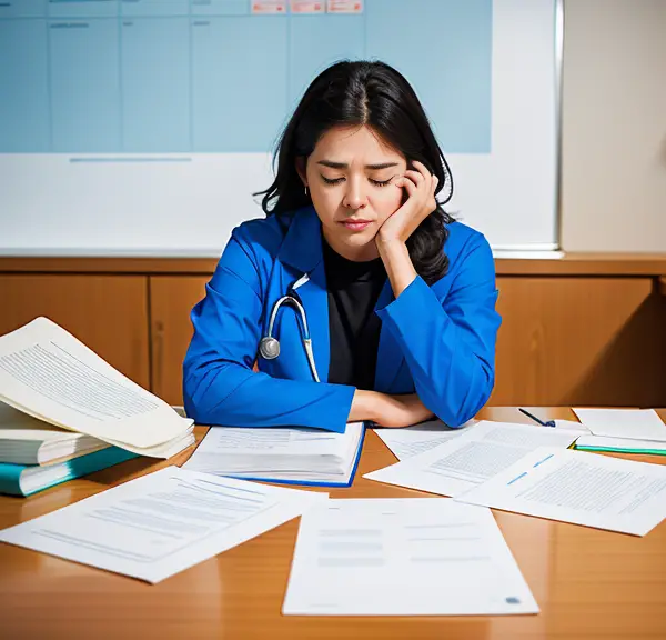 A woman sitting at a desk, showing signs of not passing the NCLEX.